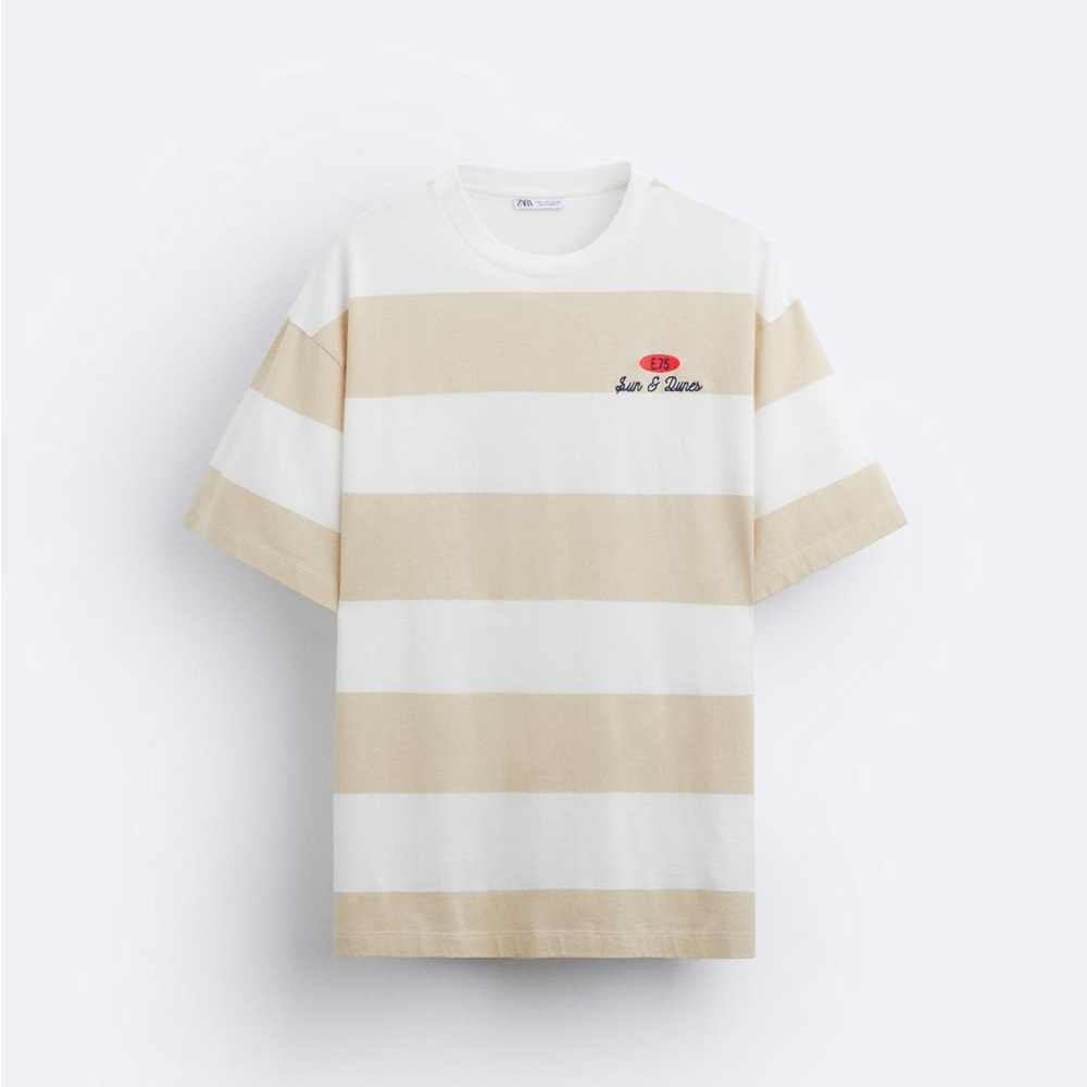 Striped Beige and White Men's T-Shirt ZARA NWOT